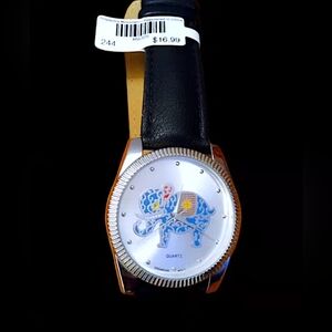 Silver Multicolored Elephant Singapore Quartz Wristwatch Black Faux Leather NWT